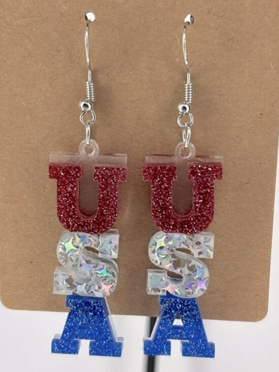 Fashion Jewelry Jewelry - *LAST ONE* Acrylic ”USA” Red White and Blue Hook Earrings Patriotic